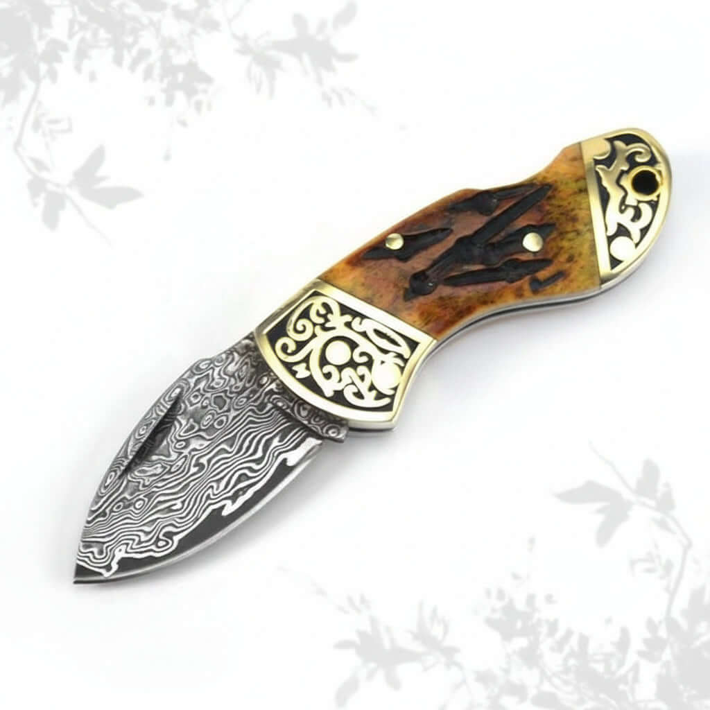 Damascus Steel Folding Knife – Brown Bone & Brass Handle Pocket Knife for Men | EDC Gift Knife-0