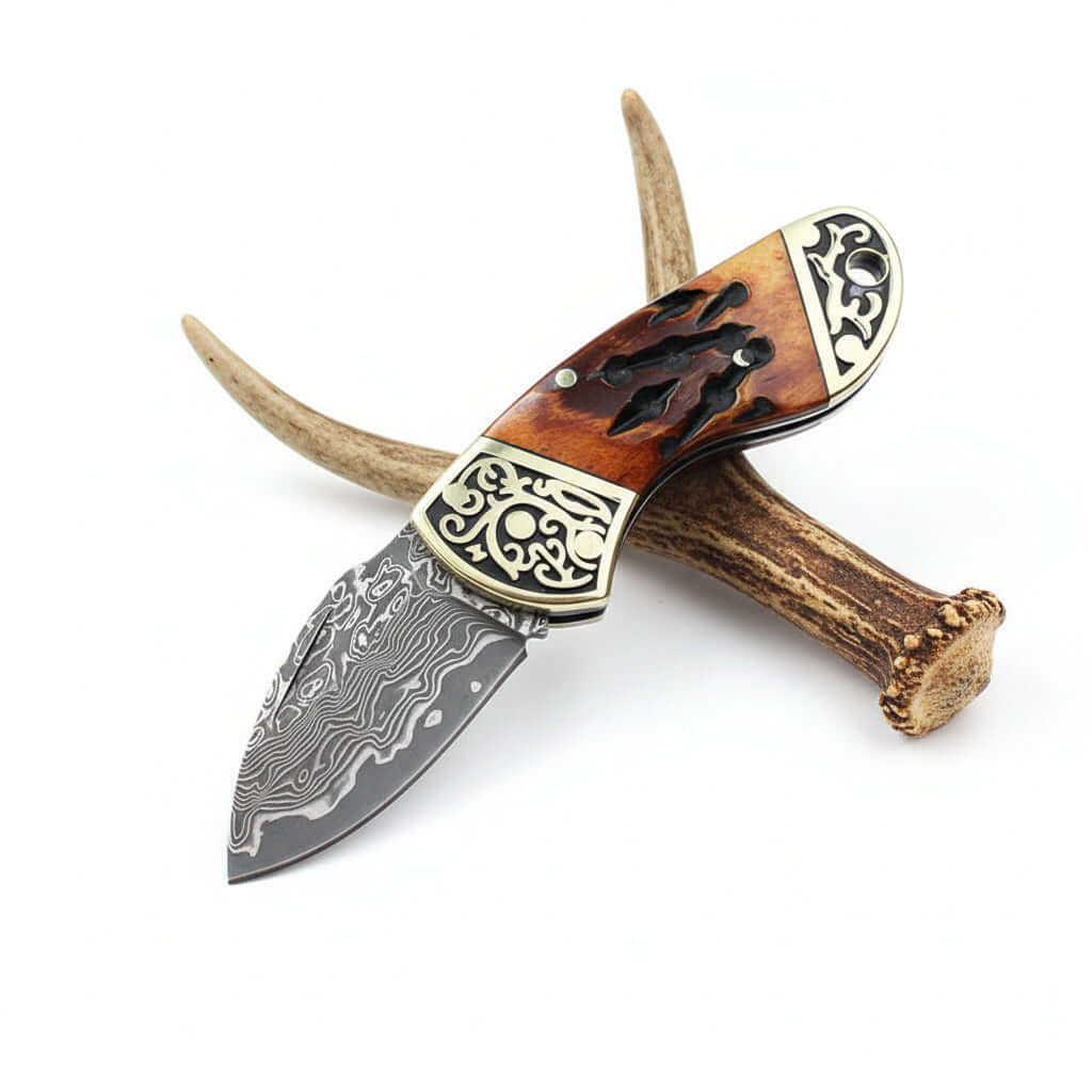 Damascus Steel Folding Knife – Brown Bone & Brass Handle Pocket Knife for Men | EDC Gift Knife-1
