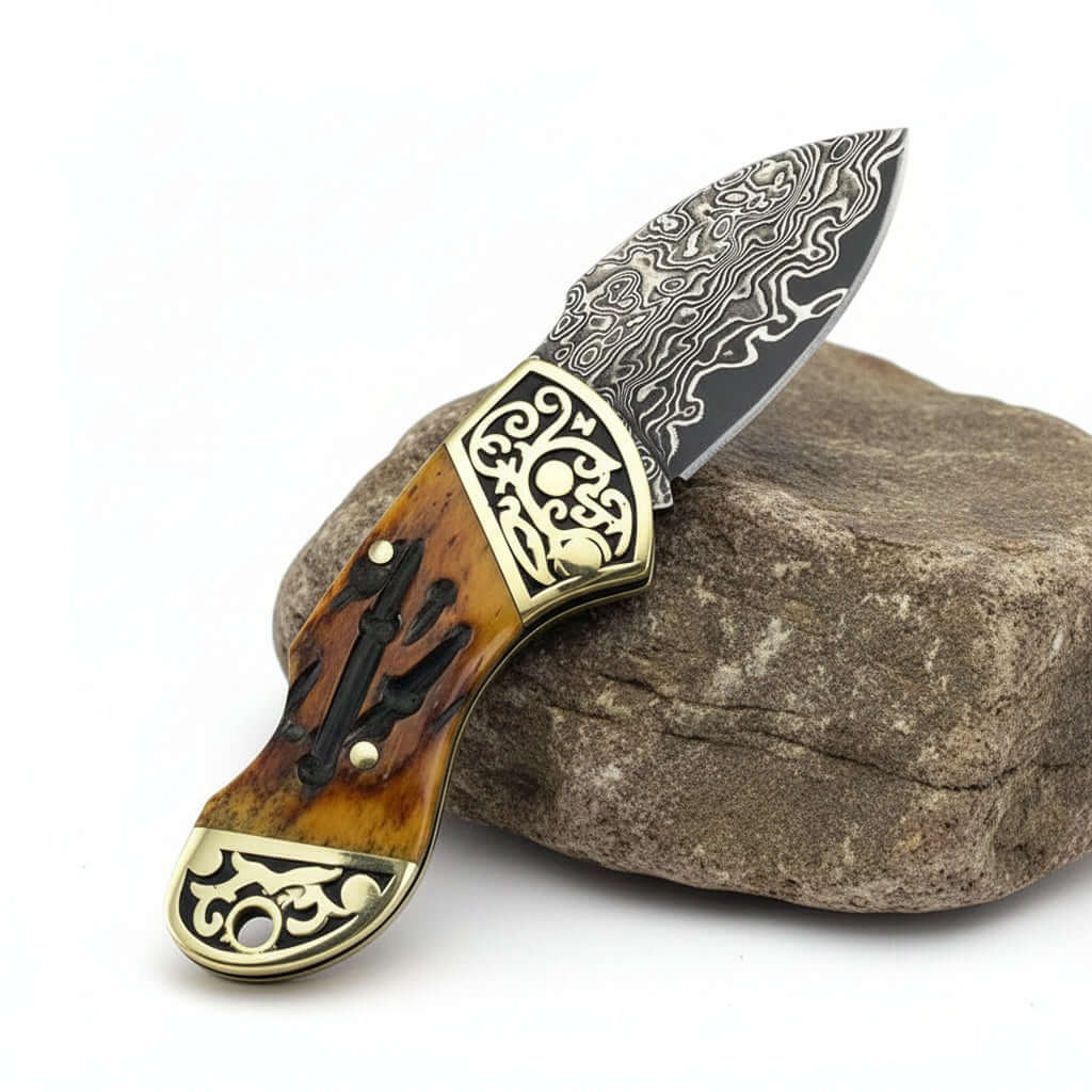 Damascus Steel Folding Knife – Brown Bone & Brass Handle Pocket Knife for Men | EDC Gift Knife-2