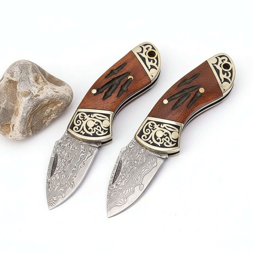 Damascus Steel Folding Knife – Brown Bone & Brass Handle Pocket Knife for Men | EDC Gift Knife-3