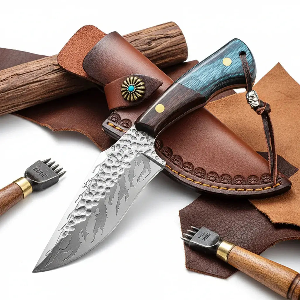 Damascus outdoor fixed blade knife Outdoor Knife with Leather Sheath-1