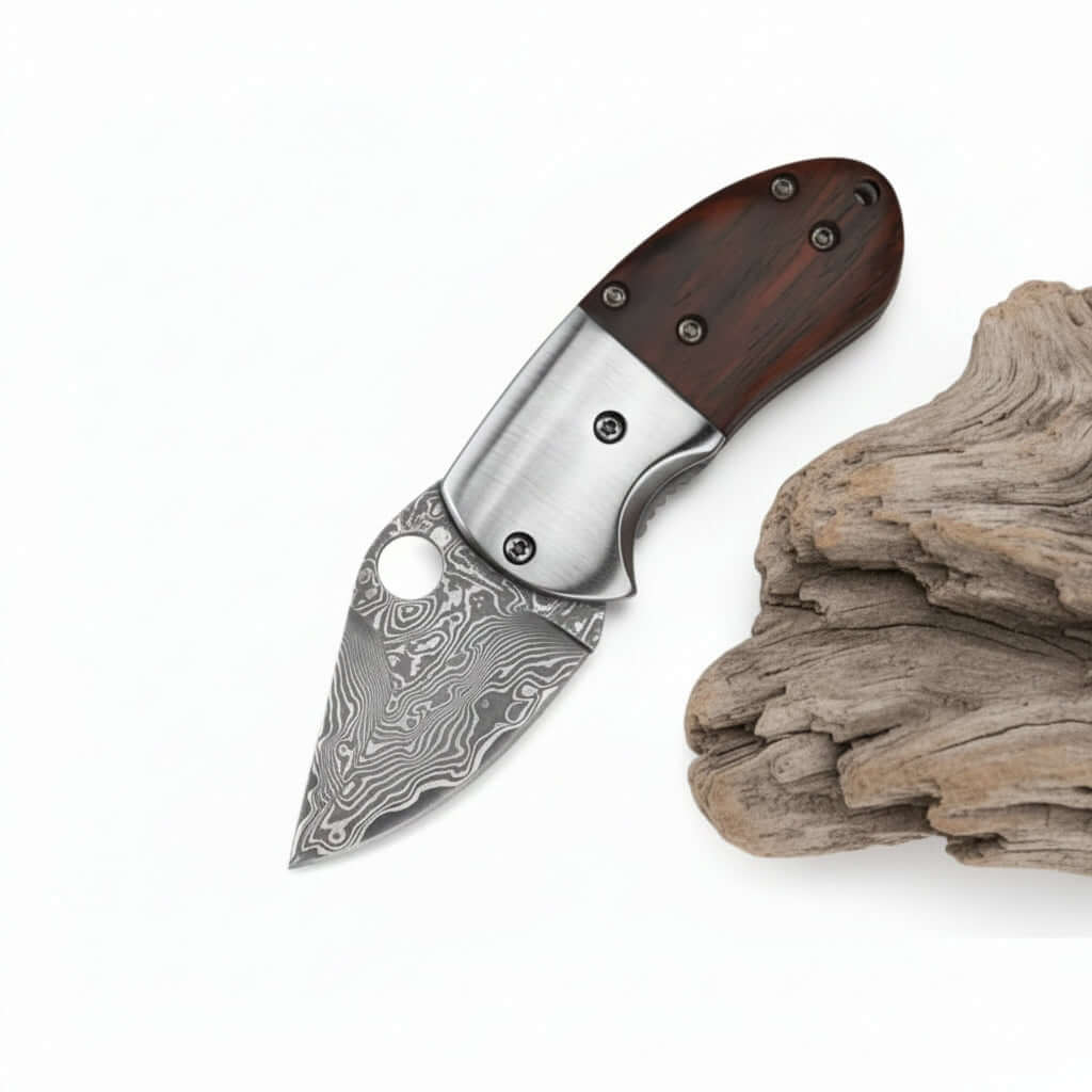 Mini Damascus Steel Folding Knife – Compact EDC Pocket Knife for Men | Gift Knife-1