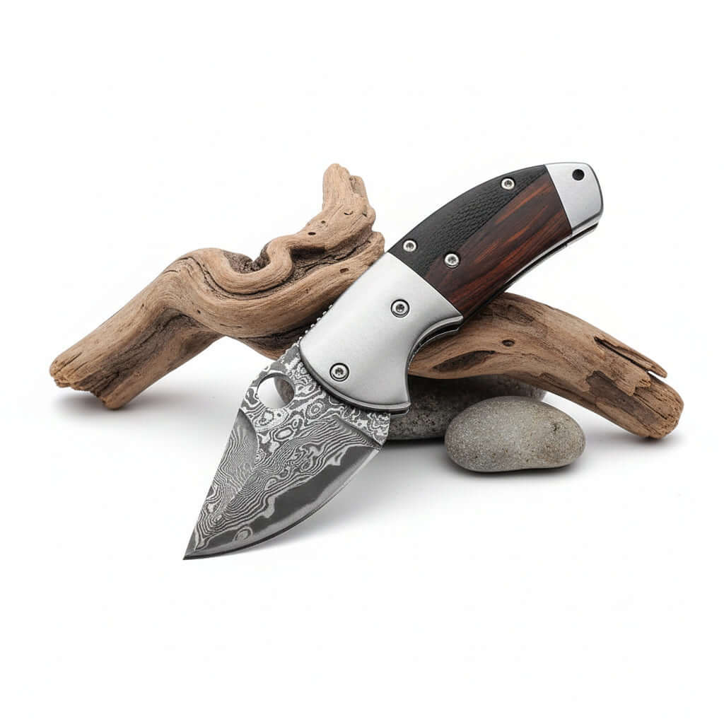 Mini Damascus Steel Folding Knife – Compact EDC Pocket Knife for Men | Gift Knife-3